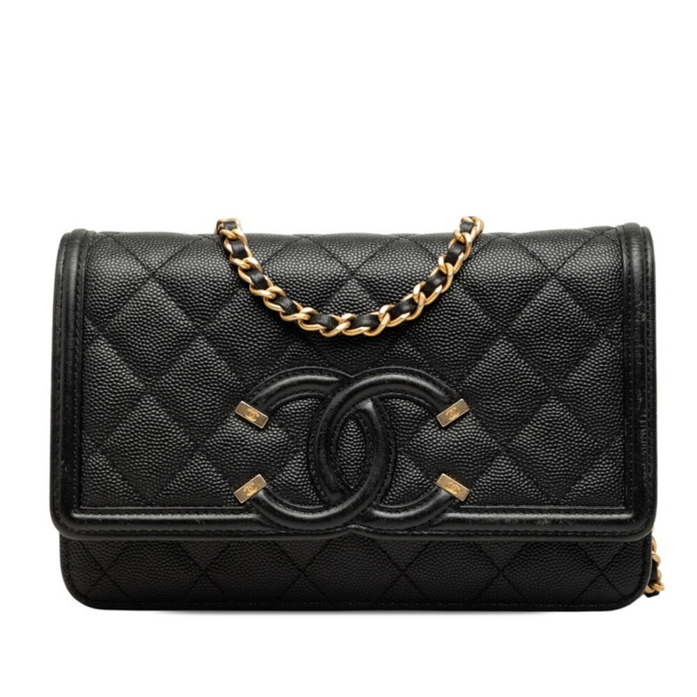 Chanel CC Filigree Coco Mark Chain Shoulder Bag Wallet Black Caviar Leather W...